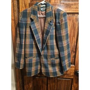 Vintage American Eagle Wool Blend Plaid Blazer Coat Women Small Y2K Multicolor